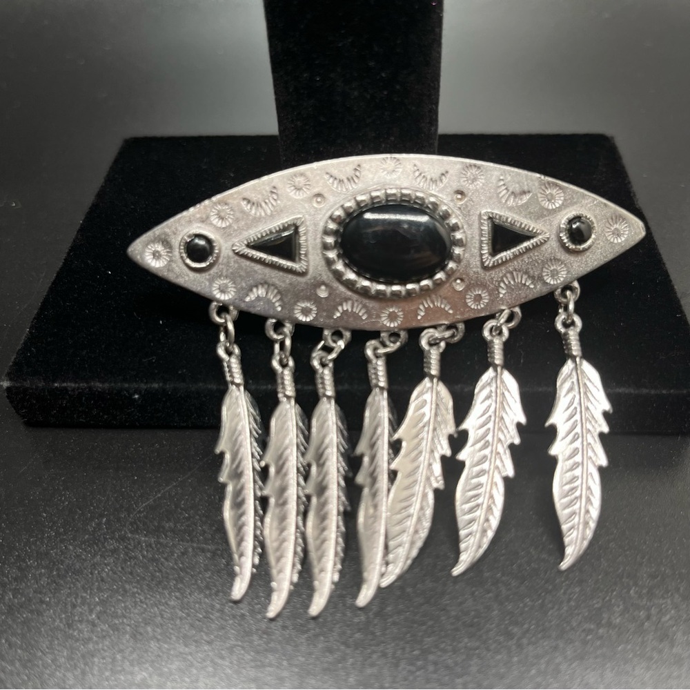 Vintage Pewter Southwestern Brooch Pin JJ Jonette Fashion Jewelry Feathers 1980s